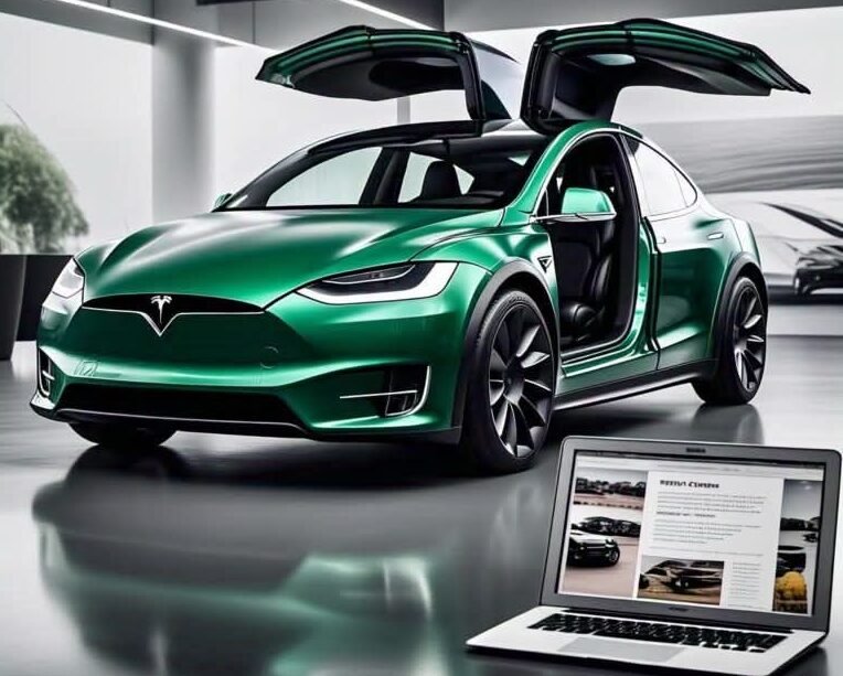 2025 Tesla Model Y Juniper in Green with Falcon Wing Doors Open in a Modern Showroom, alongside a Laptop Displaying a Car Blog.