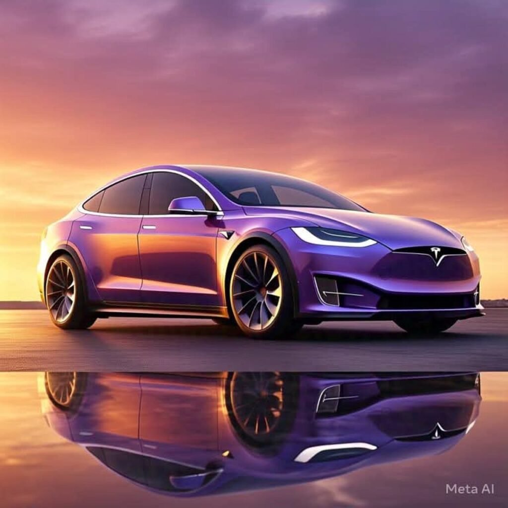 2025 Tesla Model Y Juniper in a stunning sunset view with a sleek purple finish.